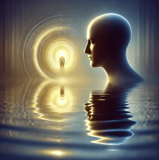 Glowing human figure in tunnel of light, reflected in water – symbol of inner awakening
