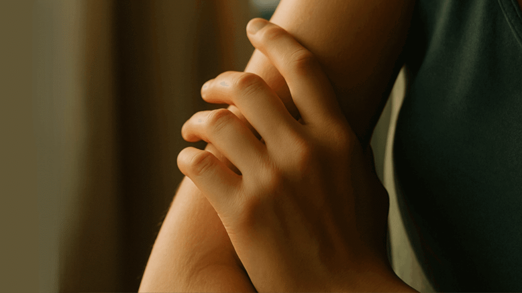 Hand gently resting on forearm – a silent metaphor for healing.
