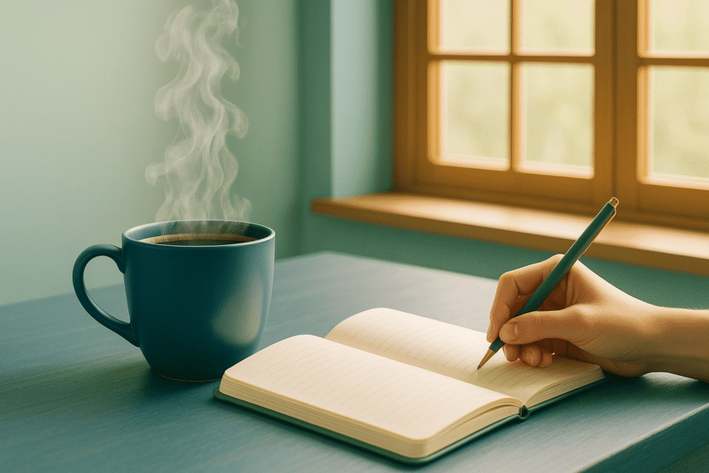 A hand writing in a journal beside a warm cup – a moment of reflection and choice.