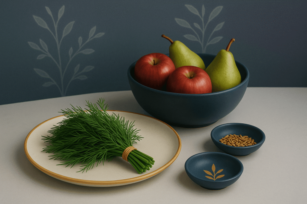 A quiet still life with dill, apples, and pears – an evening ritual remembered.